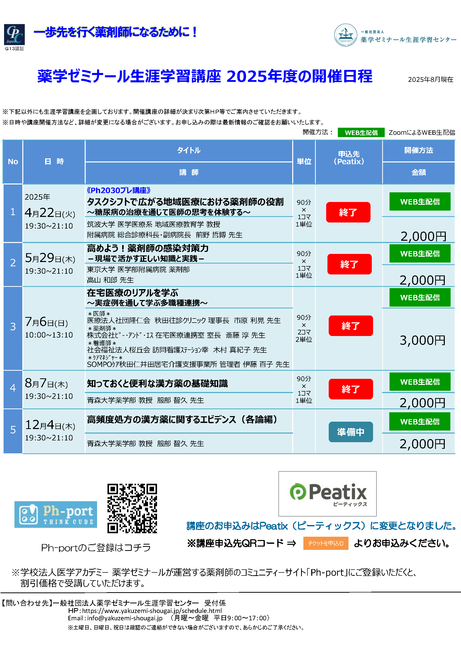 2025年度薬ゼミ生涯学習センター公開講座一覧