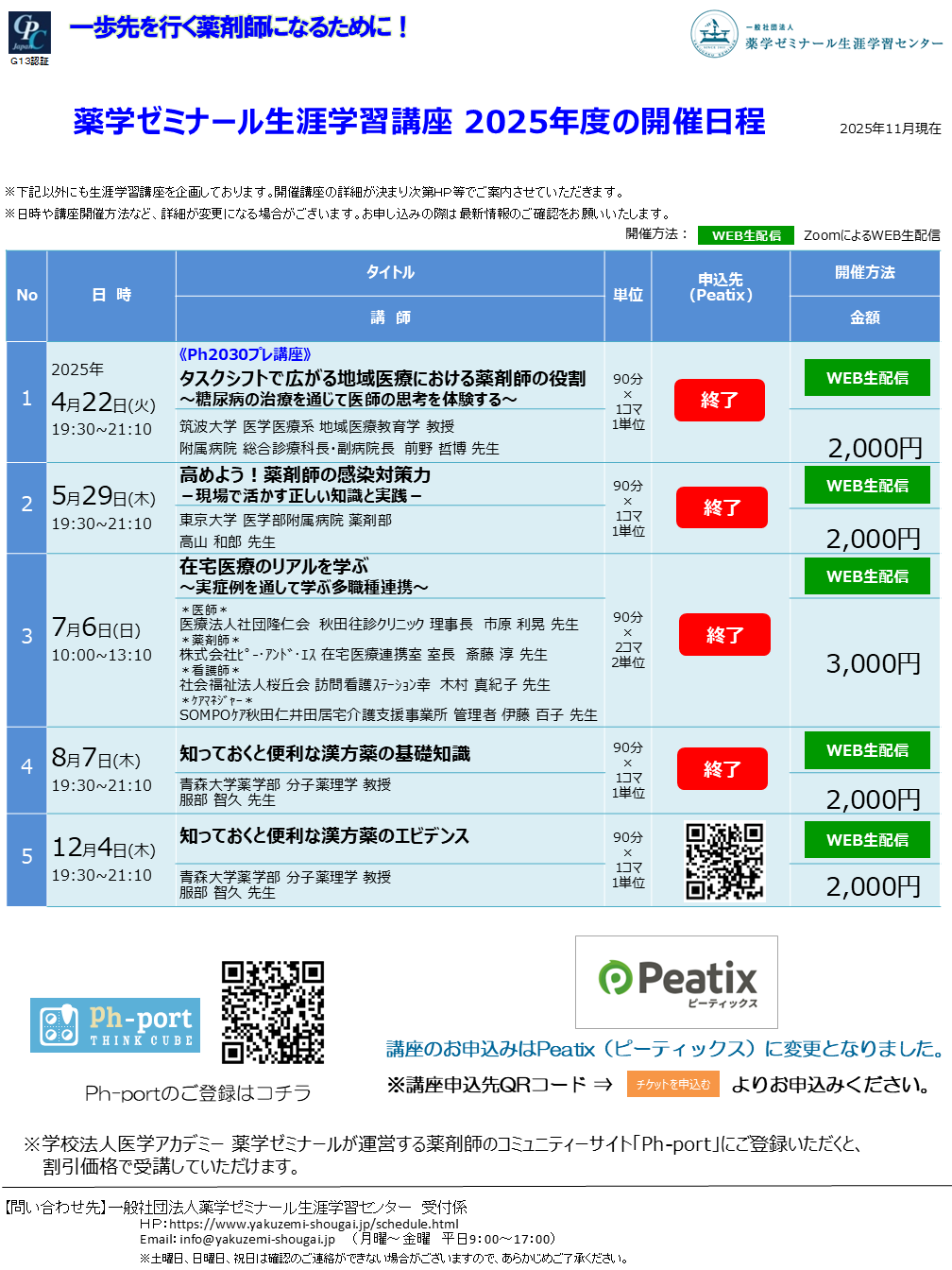 2025年度薬ゼミ生涯学習センター公開講座一覧