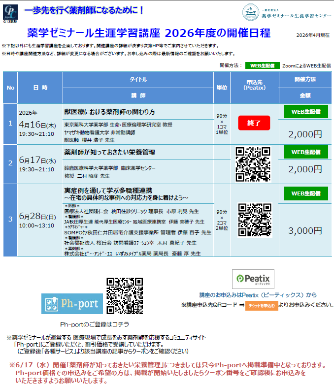 2026年度薬ゼミ生涯学習センター公開講座一覧
